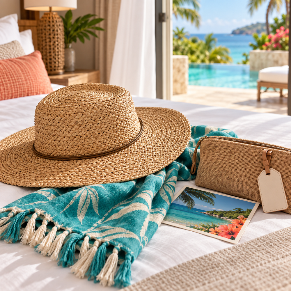 Woven sun hat, turquoise resort wrap and travel pouch in a tropical hotel room.