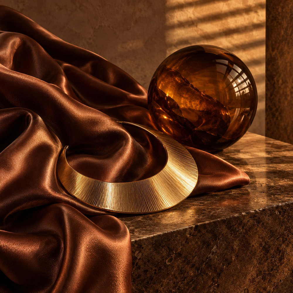 Copper satin, smoky amber glass orb and brushed gold necklace in warm light.