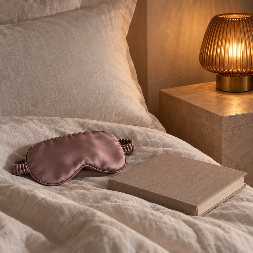 Mauve sleep mask and clothbound book beside a softly glowing amber bedside lamp.