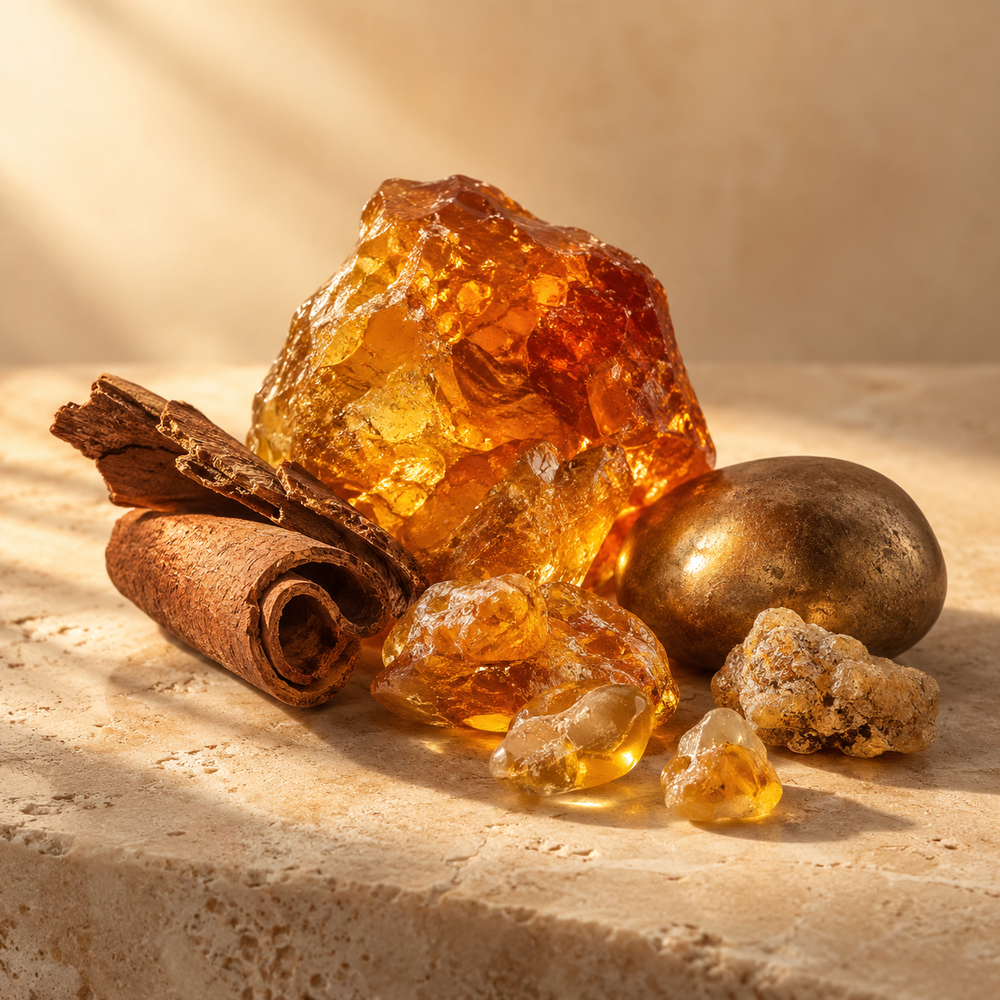 Amber resin, cinnamon bark and bronze stone on ivory limestone.