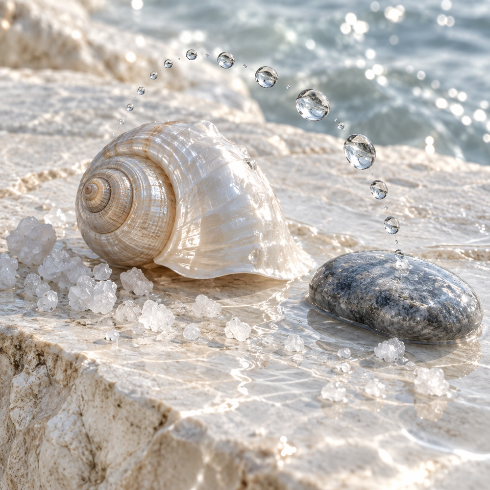 Pearl seashell, sea salt crystals and wet gray stone beside blue water.
