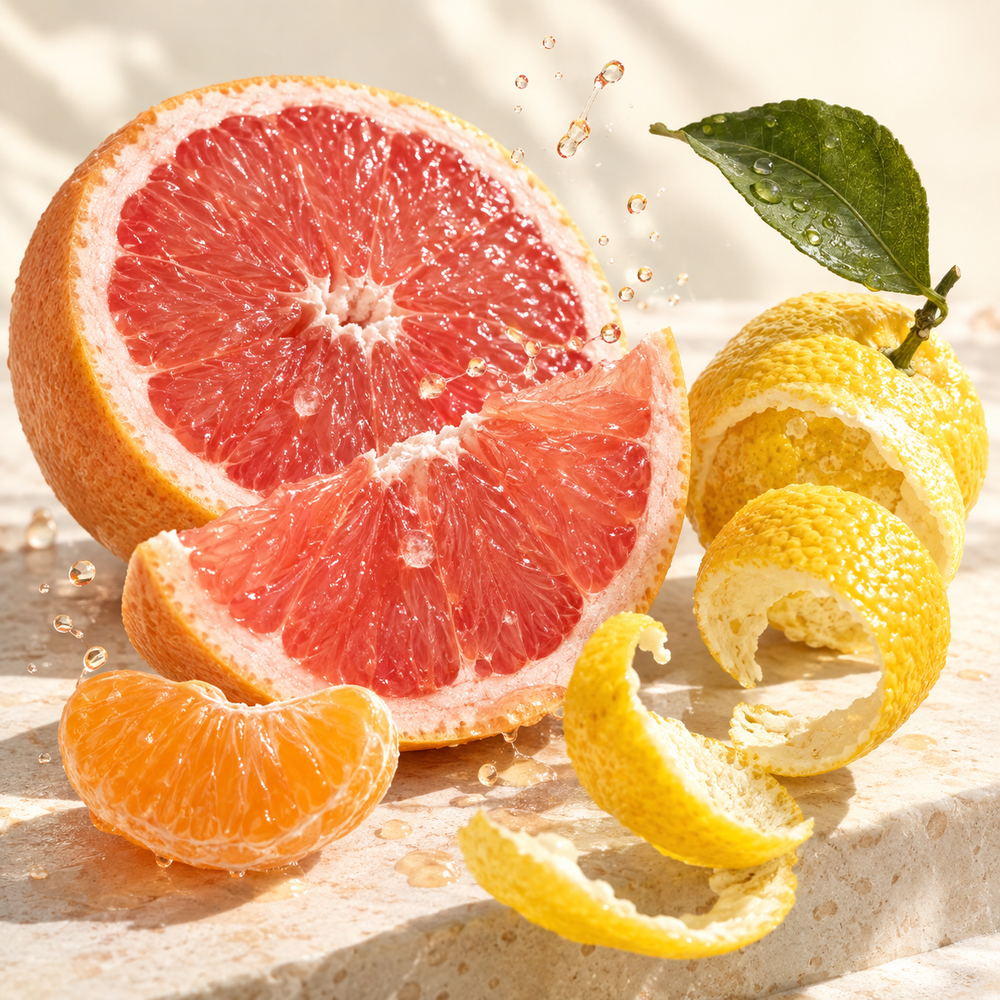 Pink grapefruit, yellow citrus peel and a green leaf in bright sunlight.