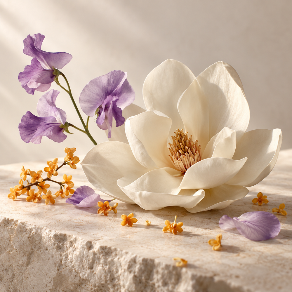 White magnolia, purple sweet peas and golden blossoms on ivory stone.