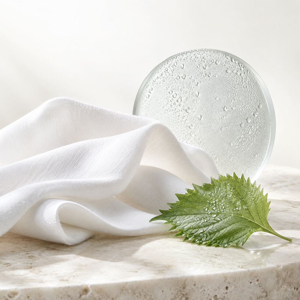 White cotton, a condensation-covered glass and fresh green leaf on ivory stone.