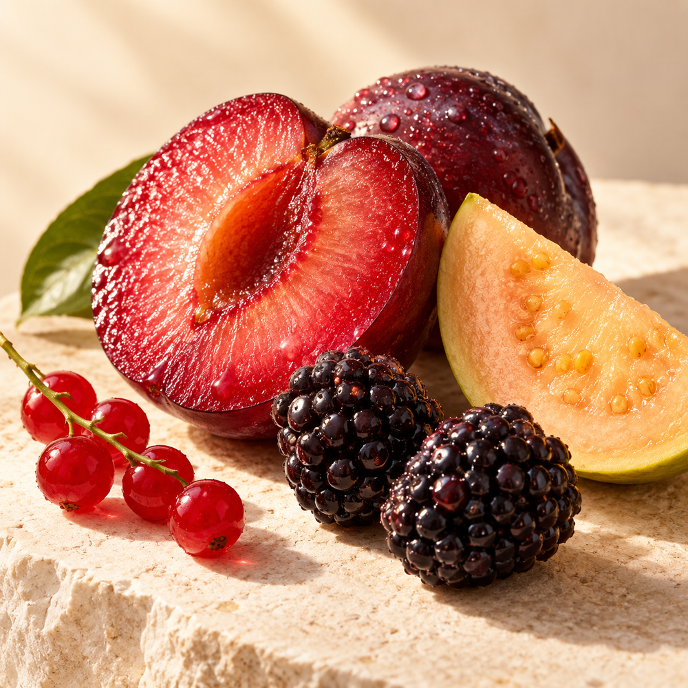 Red plum, blackberries, currants and golden fruit on sunlit ivory stone.