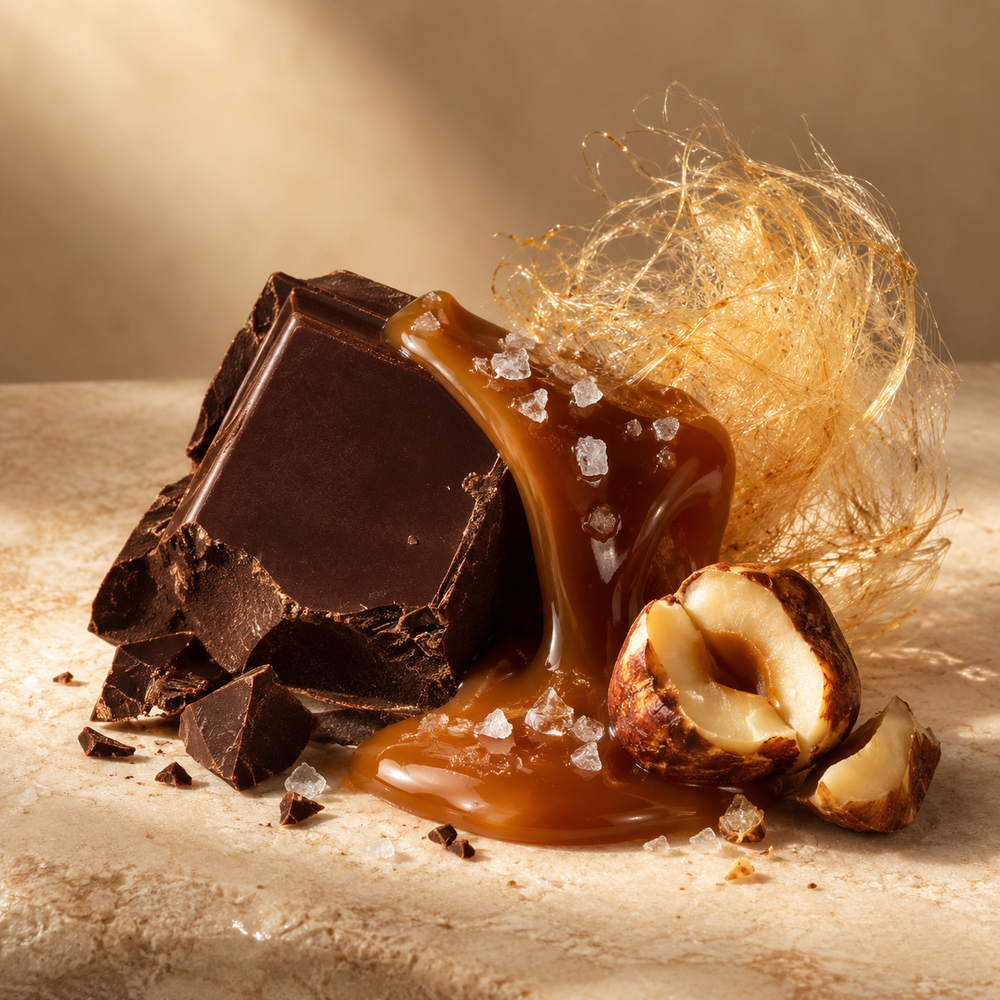 Dark chocolate, salted caramel, hazelnut and spun sugar on ivory stone.