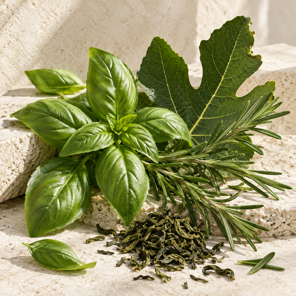 Basil, fig leaf, rosemary and loose green tea on ivory stone.