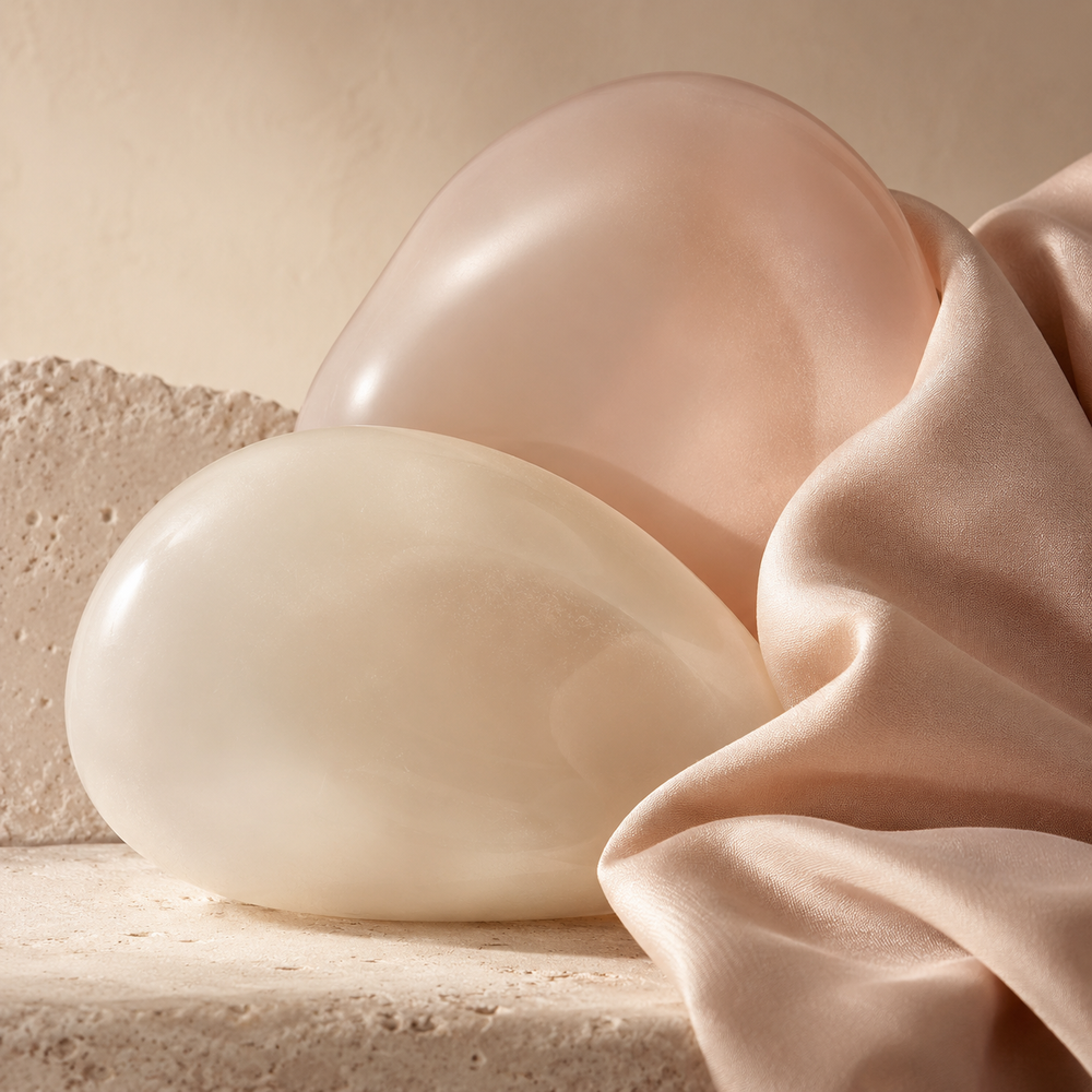 Warm blush glass forms and soft satin arranged on ivory stone.