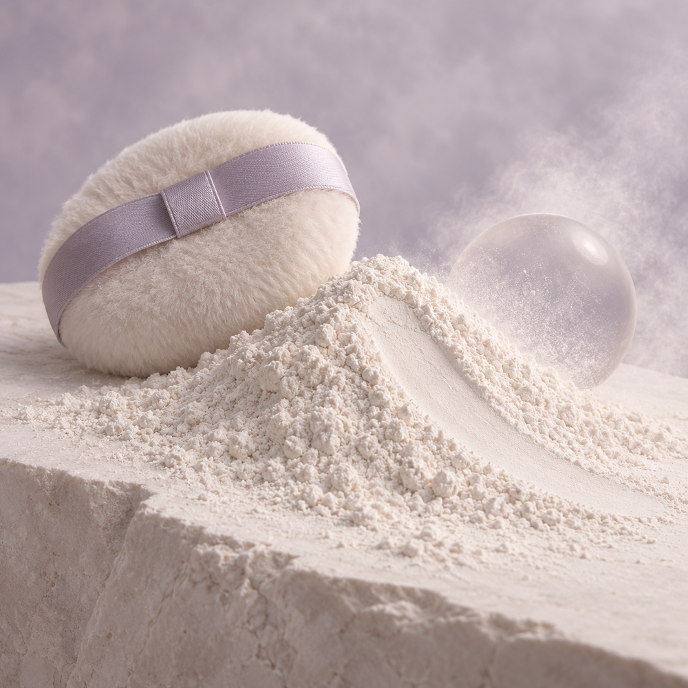Ivory powder, a soft powder puff and frosted glass sphere on pale lavender.