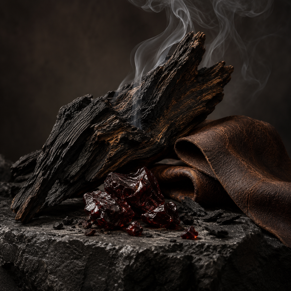 Charred wood, dark resin, brown leather and curling smoke on black stone.