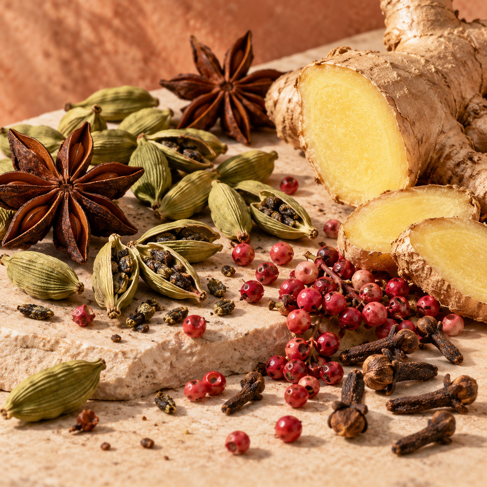 Cardamom, star anise, pink peppercorns, cloves and fresh ginger on warm stone.