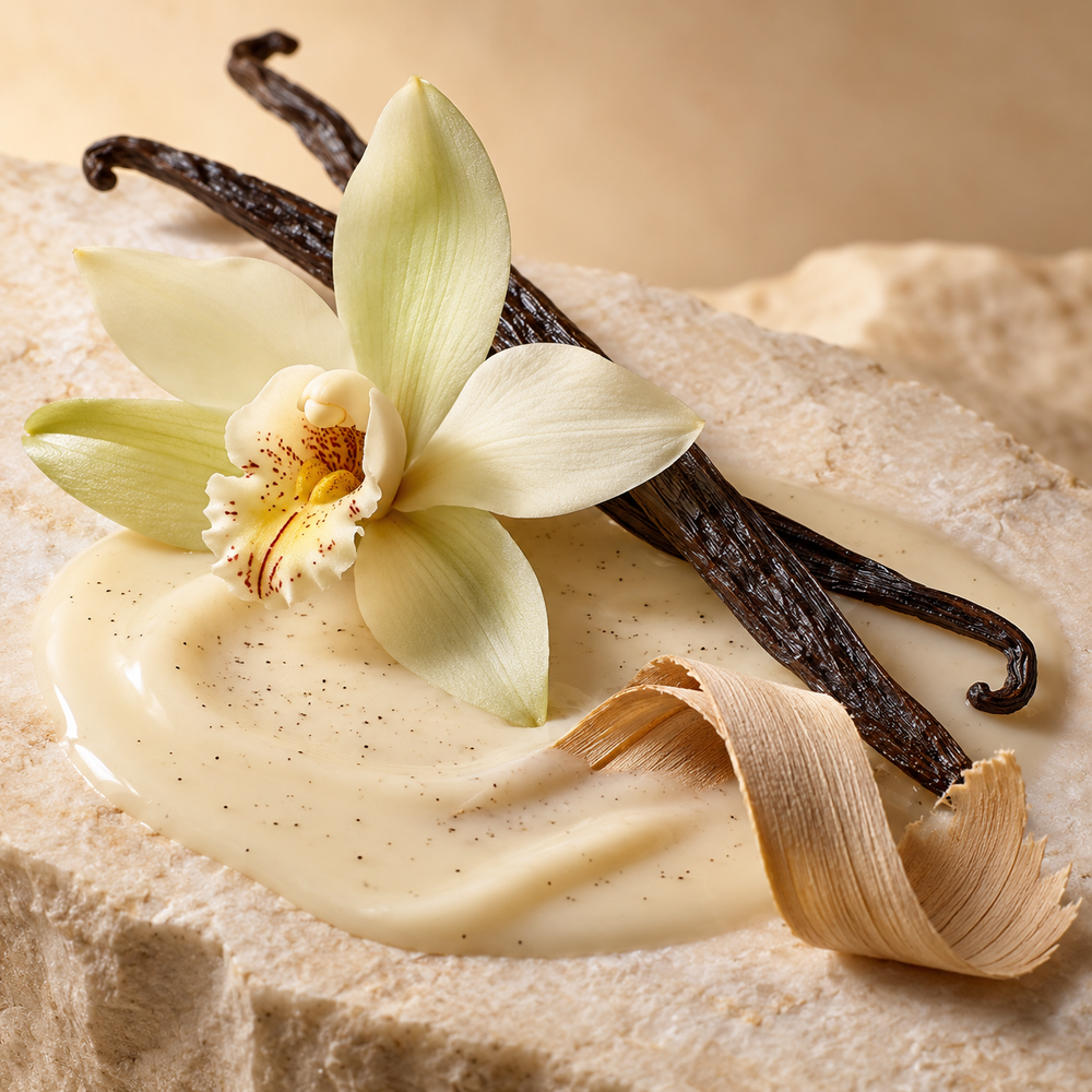 Vanilla orchid, cured vanilla beans, cream and pale wood shaving on ivory stone.