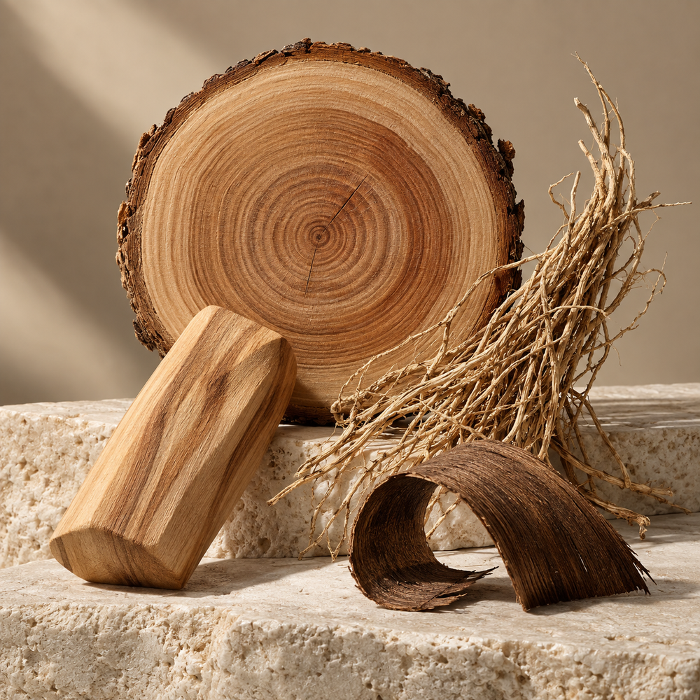 Cedar cross-section, sandalwood, vetiver roots and curled wood shaving on ivory stone.