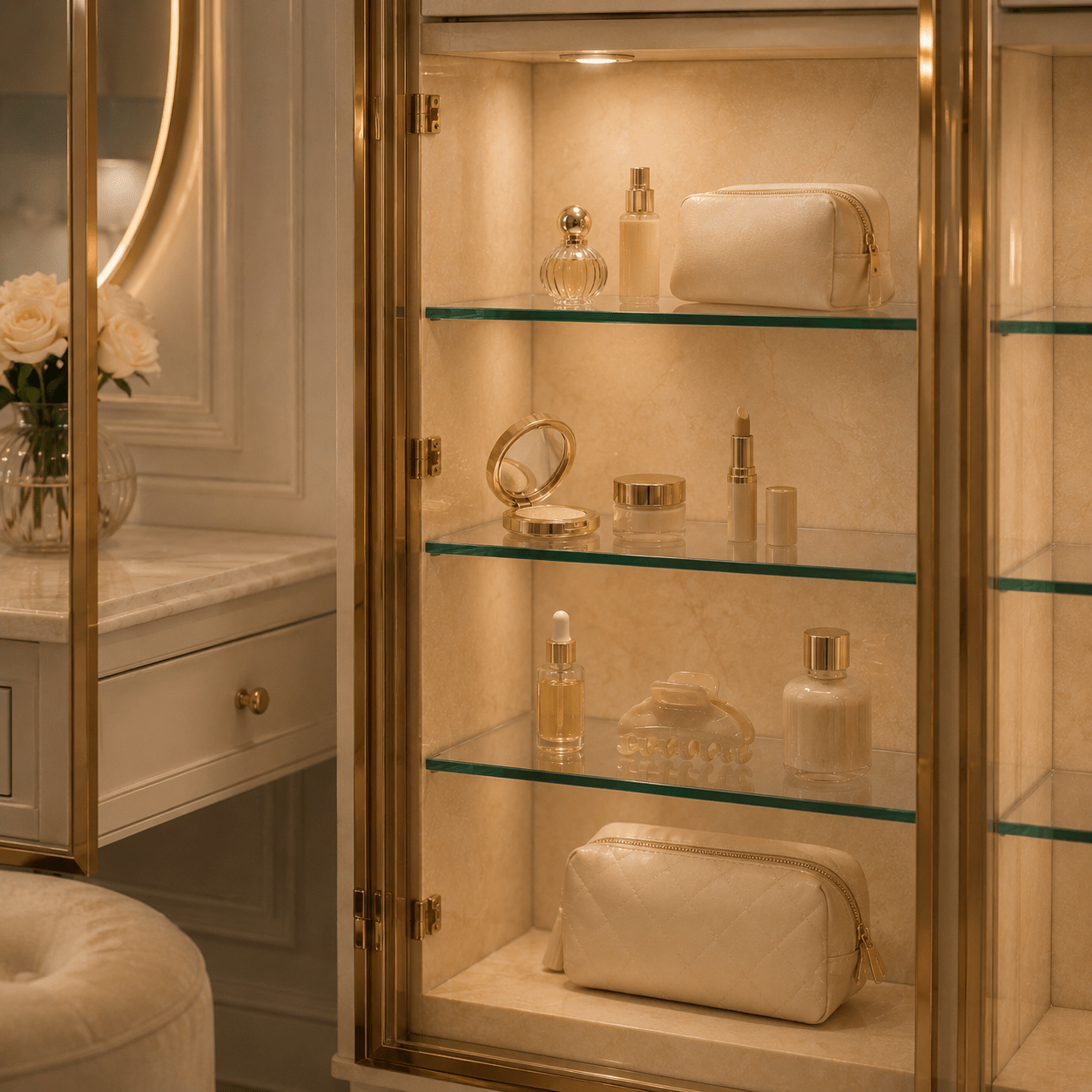 Luxury vanity cabinet with small-format beauty, fragrance, and personal care products
