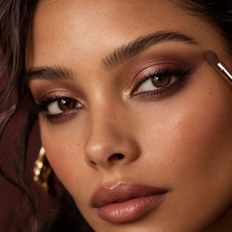 Close beauty portrait with copper and aubergine eye makeup, softened liner, defined lashes, and an eye brush
