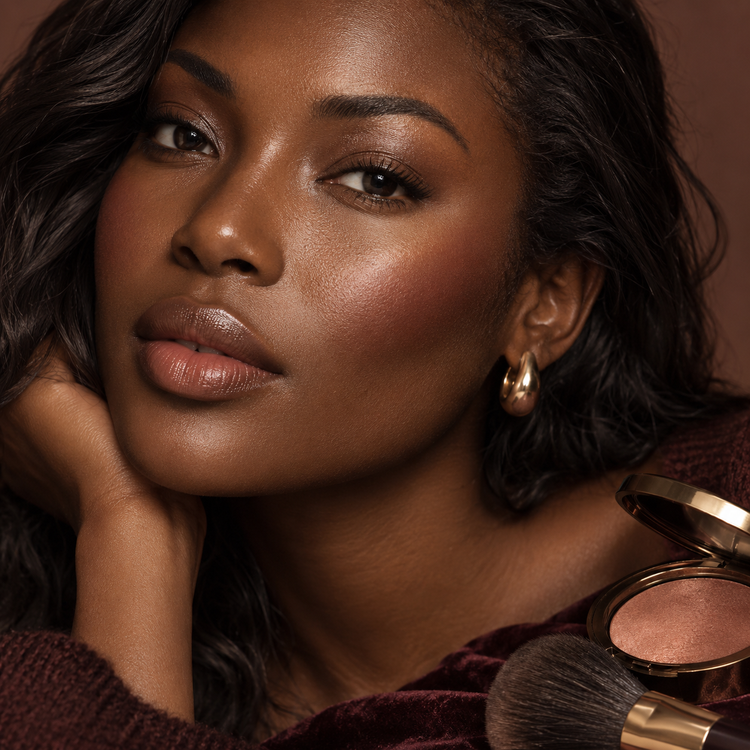 Woman with a luminous deep complexion, warm bronzer, rose blush, and champagne highlight beside a compact and brush
