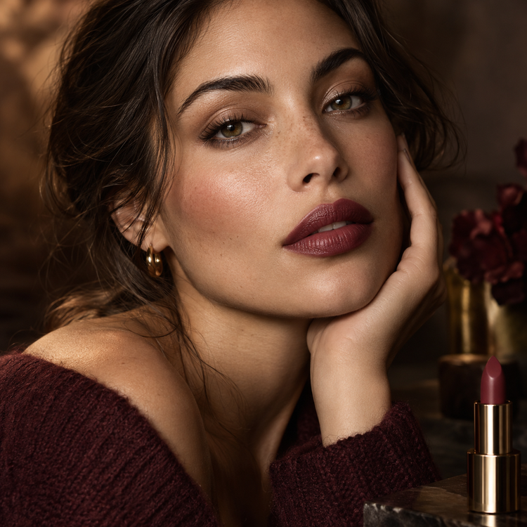 Woman wearing muted berry satin lipstick beside an unbranded lipstick on a warm fall vanity