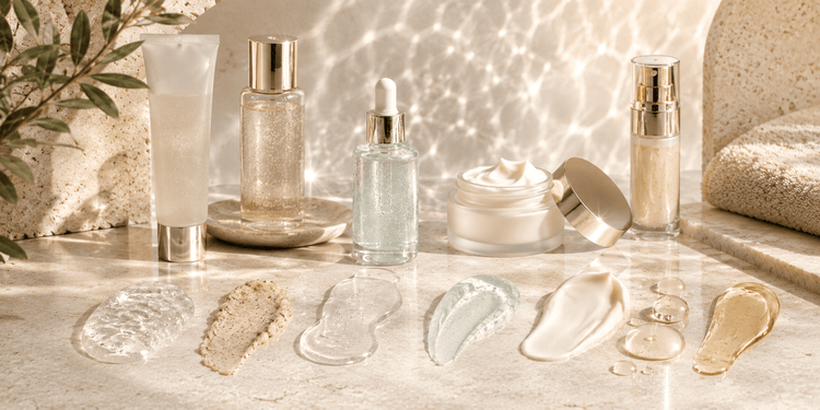 Skincare products arranged by routine step