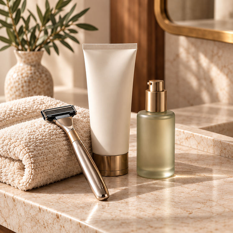 Women's razor, shaving cream, and glide-focused shave care arranged on warm travertine.