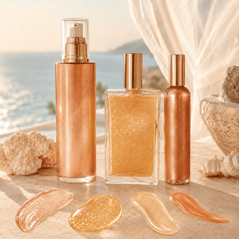 Three unlabeled shimmer body-care bottles with bronze and gold gel swatches in a sunlit seaside setting