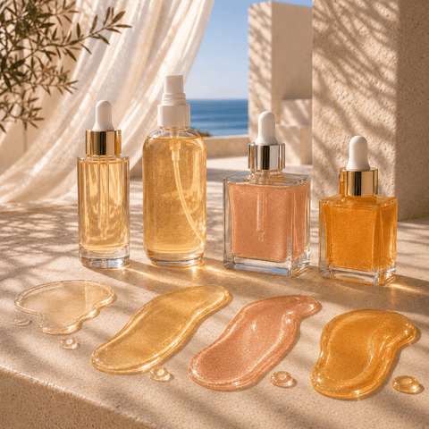 Four unlabeled glow oil bottles with golden and bronze oil swatches in a sunlit seaside setting