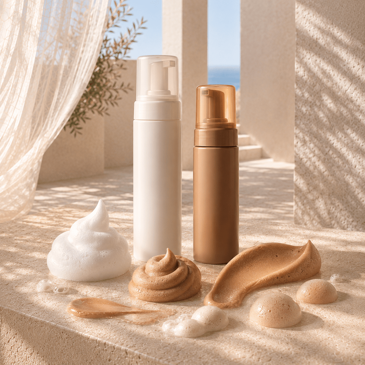 Two unlabeled self-tanning mousse pump bottles with white and bronze foam textures