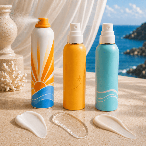 Three unlabeled sunscreen mist bottles beside cream swatches in a bright seaside setting