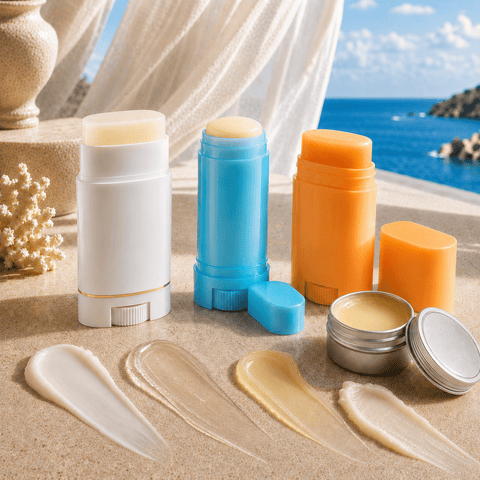 Three unlabeled sunscreen sticks and an open balm beside cream swatches in a bright seaside setting