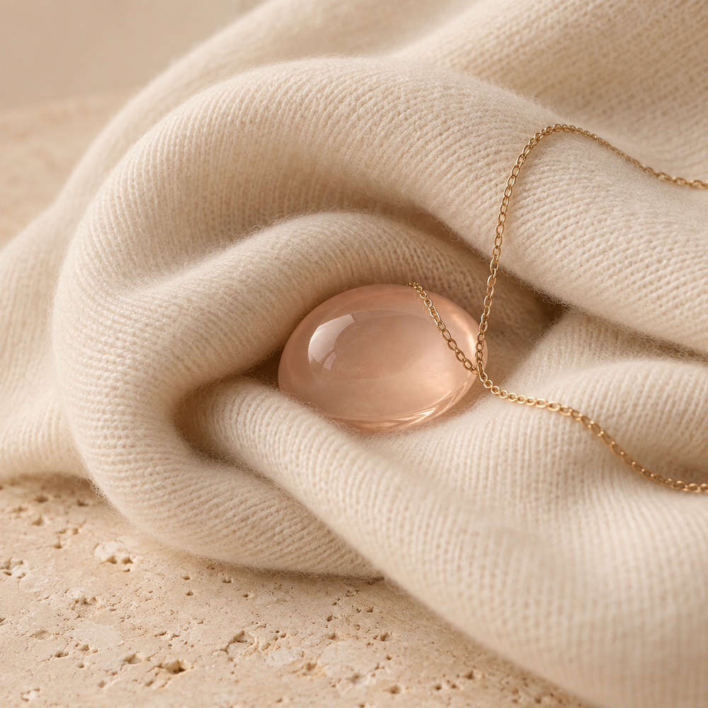 Ivory cashmere wrapped around a blush glass pebble and fine gold chain.