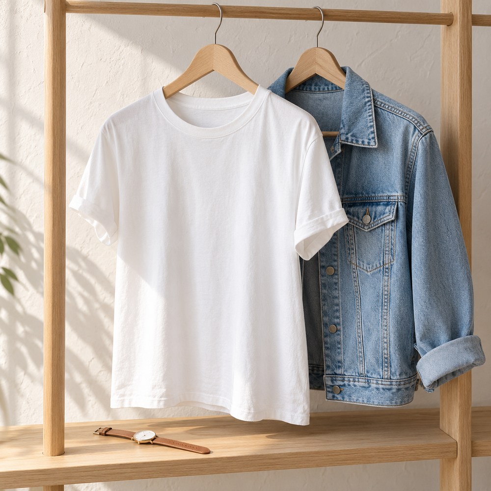 White T-shirt and light denim jacket on wooden hangers with a tan watch.