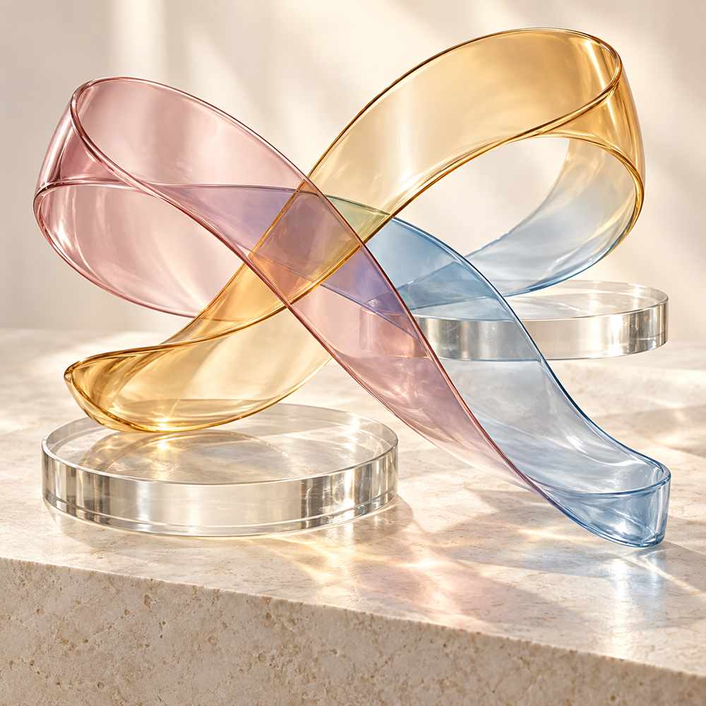 Overlapping blush, gold and blue translucent glass ribbons on clear discs.