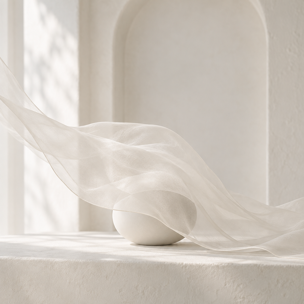 Sheer ivory organza floating across a matte porcelain oval in soft light.