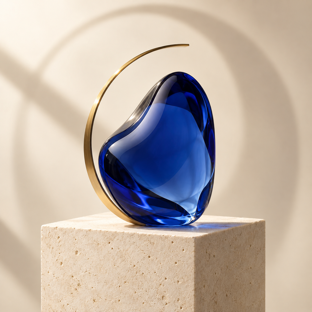 Sculptural cobalt glass form framed by a brushed gold arc on ivory stone.