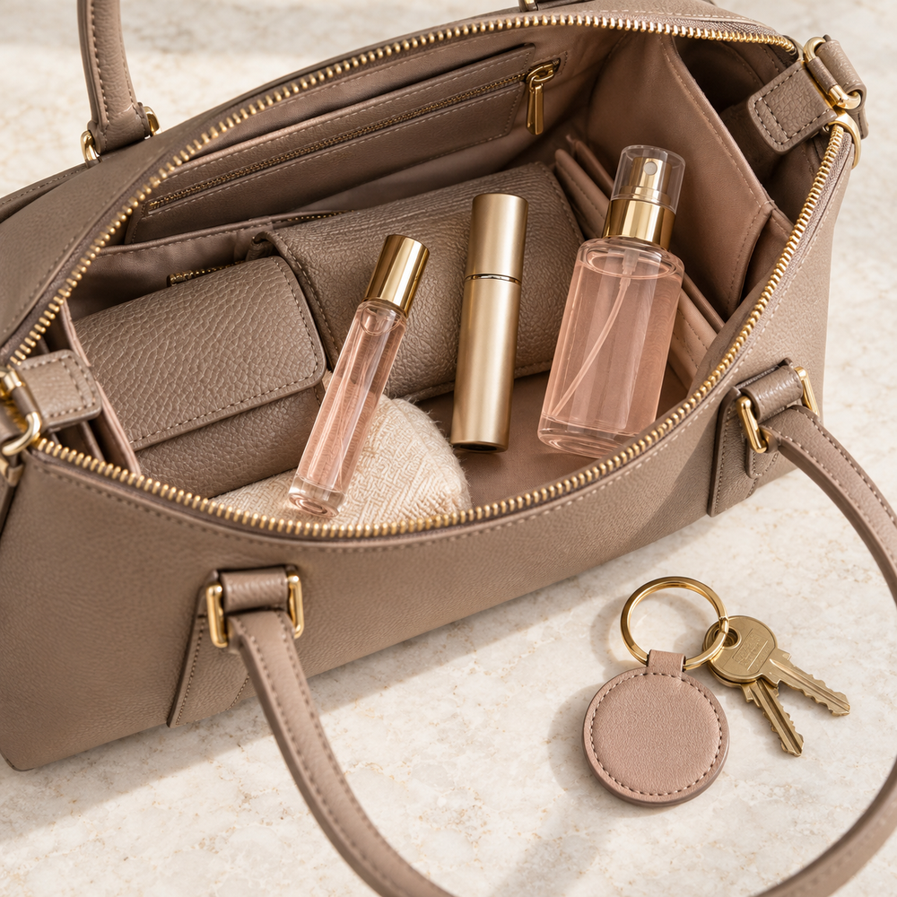 Portable rollerball, purse spray and body mist arranged in an open taupe handbag.