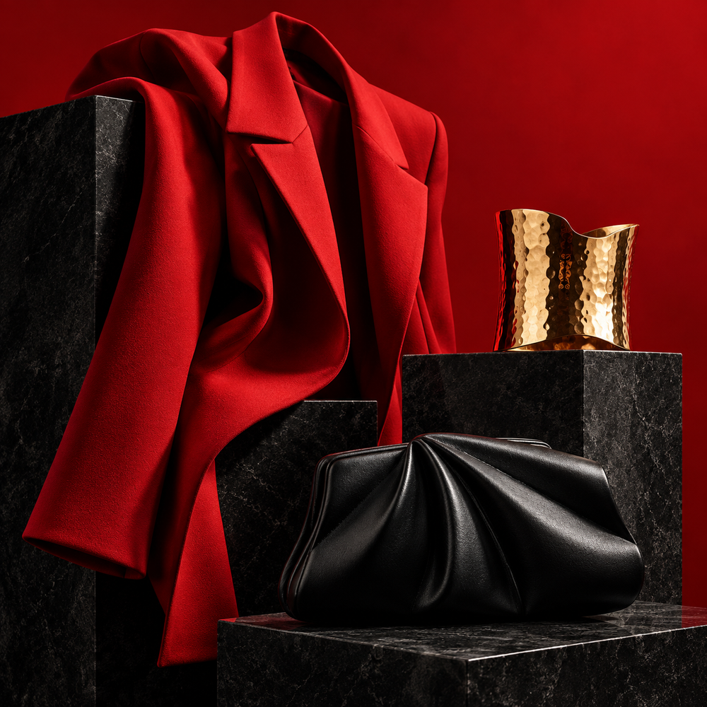 Red evening jacket, hammered gold cuff and black clutch on black stone plinths.