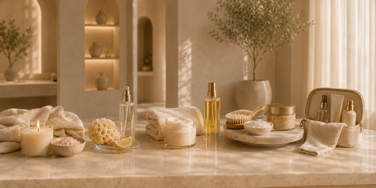 Bath and body care moments arranged in warm spa-inspired vignettes
