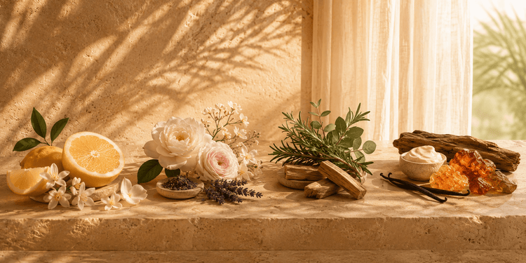 Light floral, citrus, herbal, woody, and warm scent notes on a bath and body counter