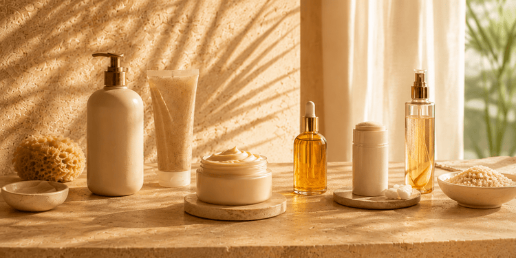 Bath and body routine steps arranged on a warm stone counter