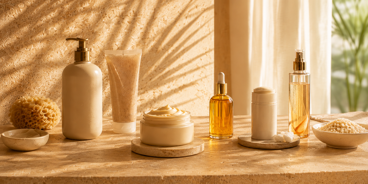 Bath and body routine steps arranged on a warm stone counter