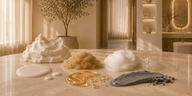 Body care formula textures displayed on a warm bathroom counter