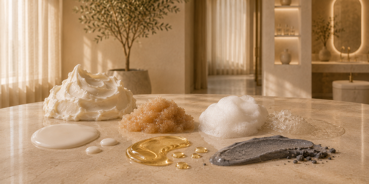 Body care formula textures displayed on a warm bathroom counter