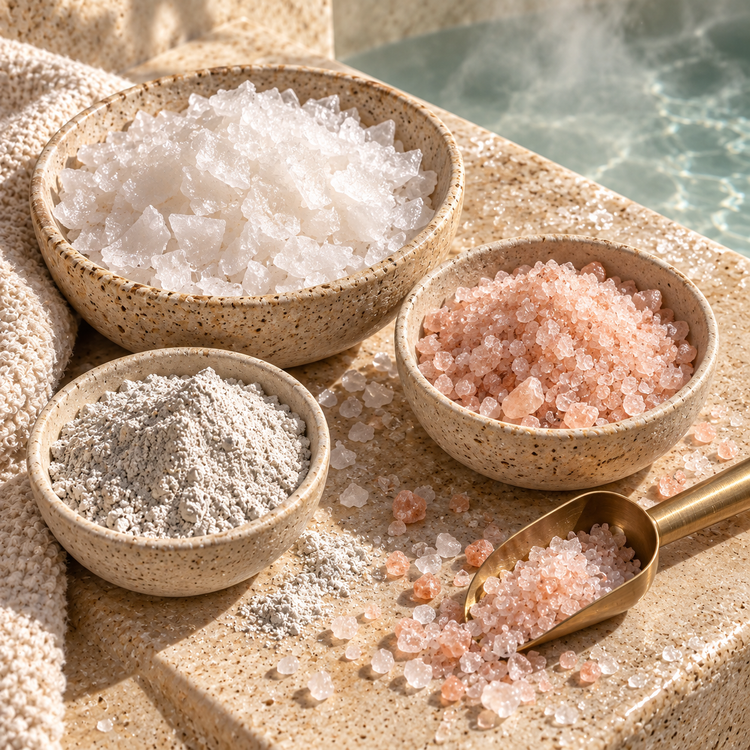 White salt flakes, blush mineral crystals, and pale mineral bath powder in stoneware bowls with a brass scoop.