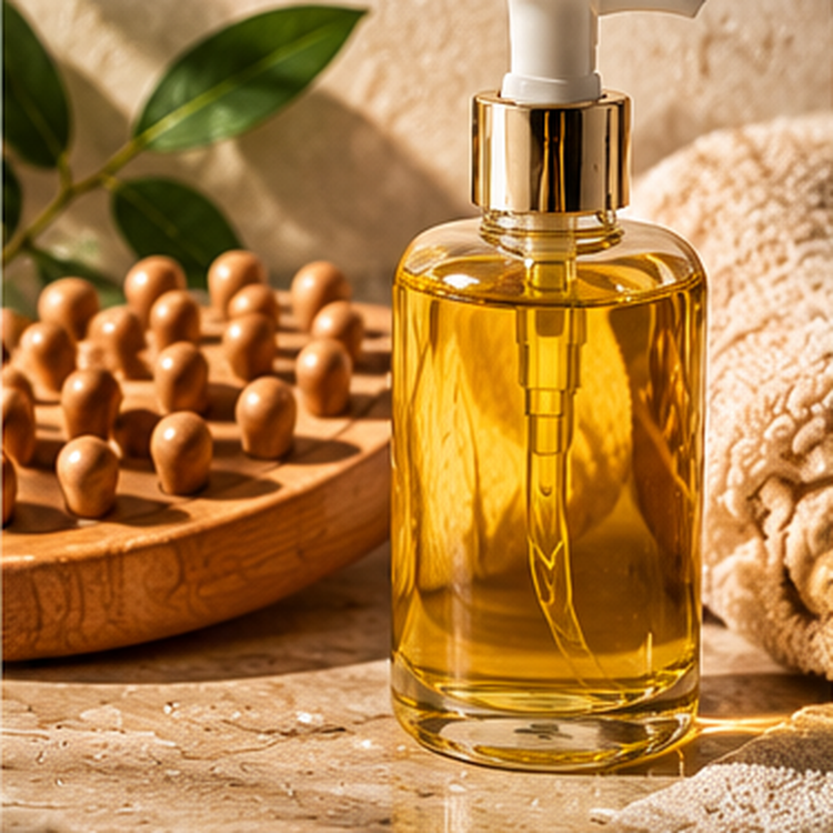 Golden body treatment oil with massage tool for firm and smooth body care