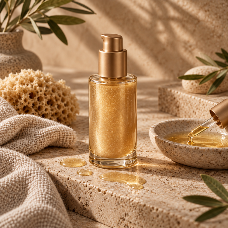 Golden shimmer body oil with dropper, warm stone, linen, and soft spa light for the Finish and Glow step