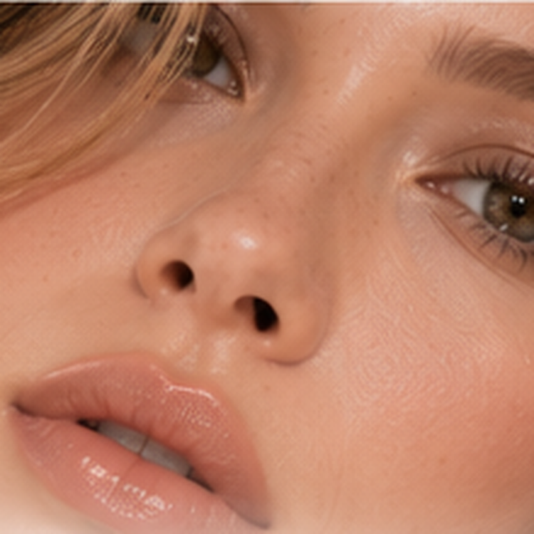 Close-up portrait with nude lips and neutral eye makeup for the Nude & Neutral color family