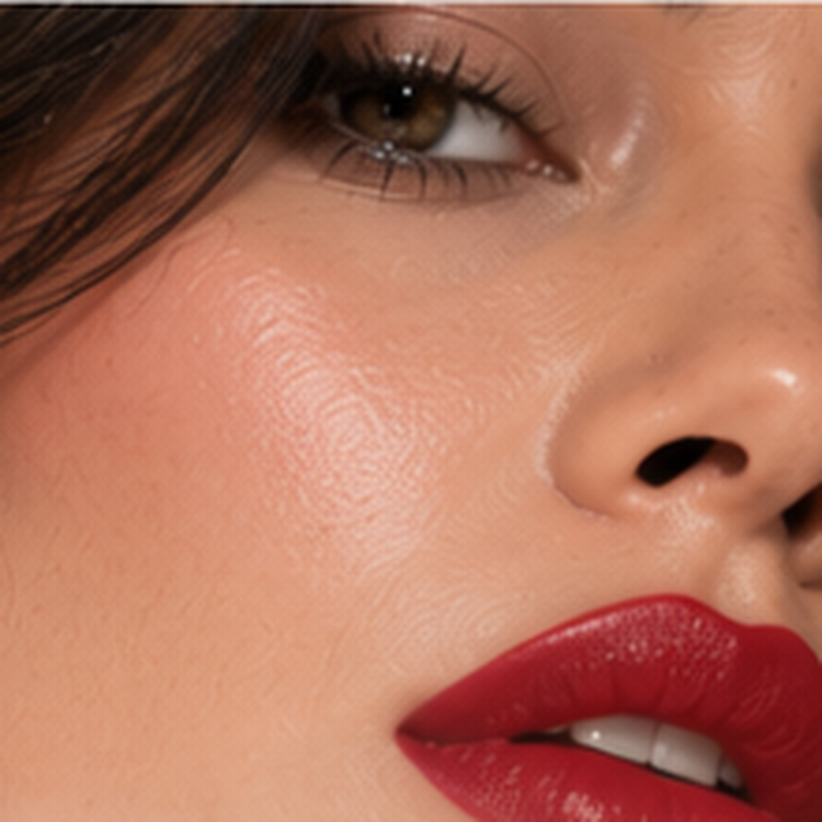 Close-up portrait with bold red lipstick for the Red color family