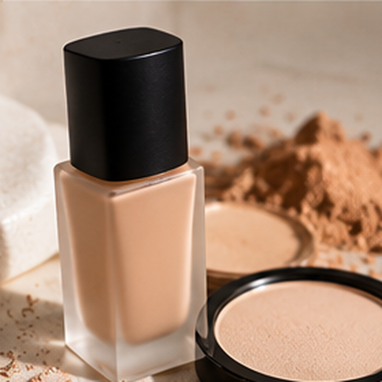 Matte foundation and pressed powder in a clean neutral beauty setup