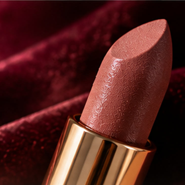 Velvet-finish lipstick against rich burgundy fabric for a soft matte makeup look