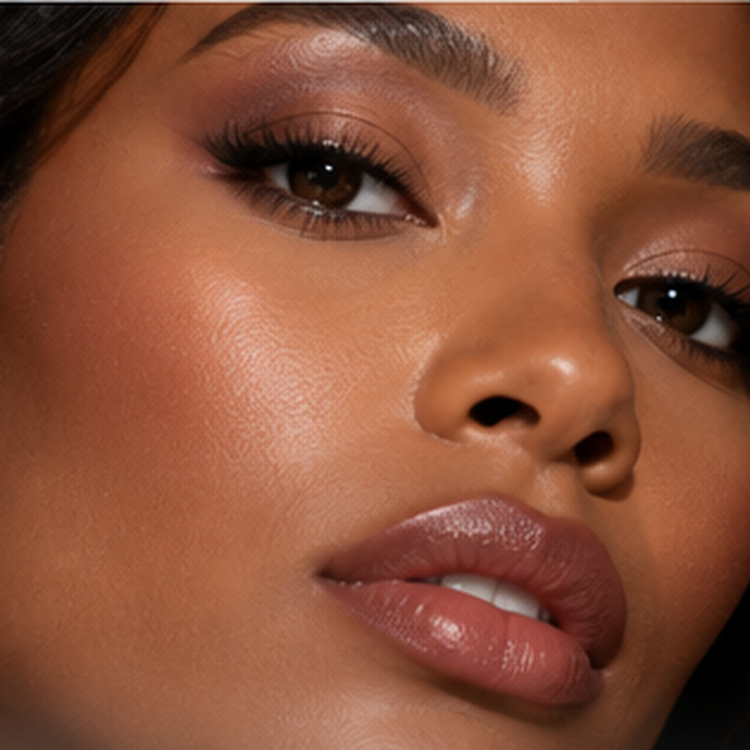 Close-up portrait with a polished full complexion, defined eyes, and nude lips showing full, opaque makeup payoff