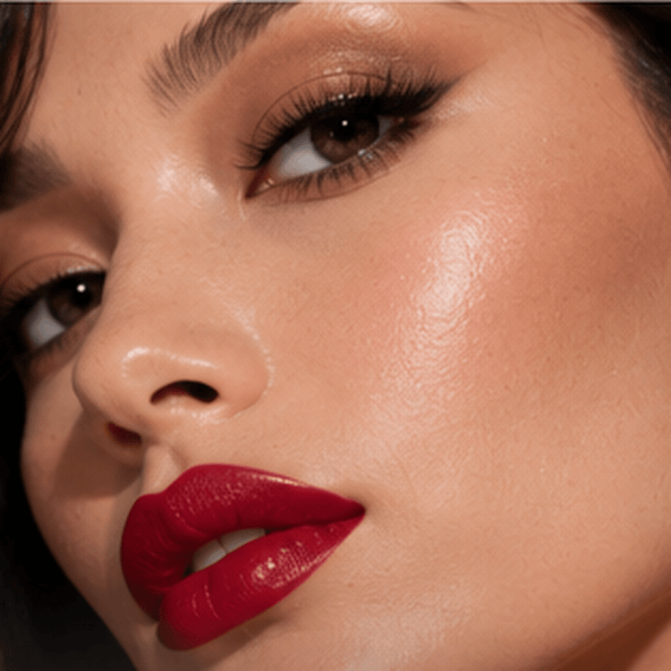 Close-up portrait with vivid red lipstick and defined eyes showing high-impact statement makeup payoff